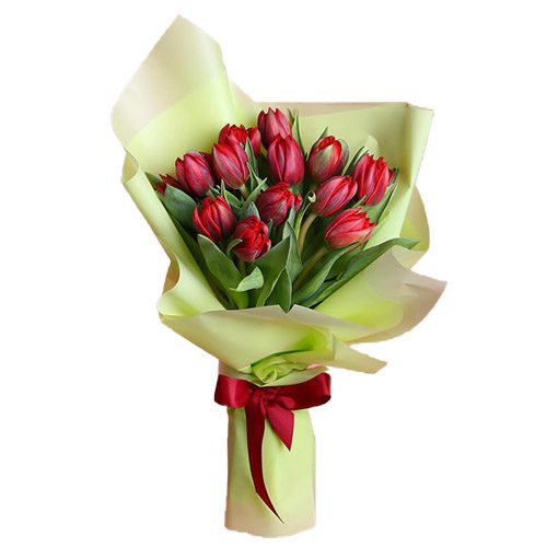 Фото товара 15 красных тюльпанов в зелёной упаковке в Кировограде
